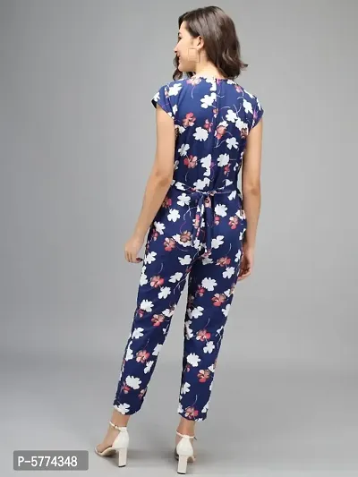 Women Navy Blue Color White Flower Printed Jumpsuit-thumb2