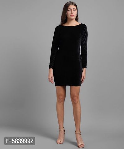 Women Black Plain Velvet Short Dress-thumb0
