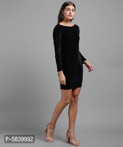 Women Black Plain Velvet Short Dress-thumb2
