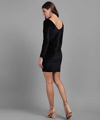 Women Black Plain Velvet Short Dress-thumb2