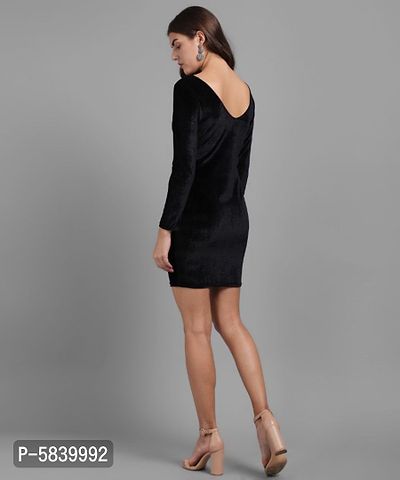 Women Black Plain Velvet Short Dress-thumb3