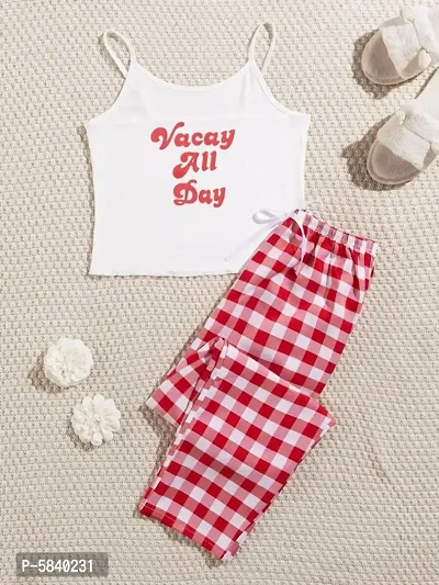 Women White Print Tee And White and Red Check Box Lower-thumb0