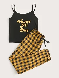 Women Black Print Tee And Black and Mustard Check Box Lower-thumb1