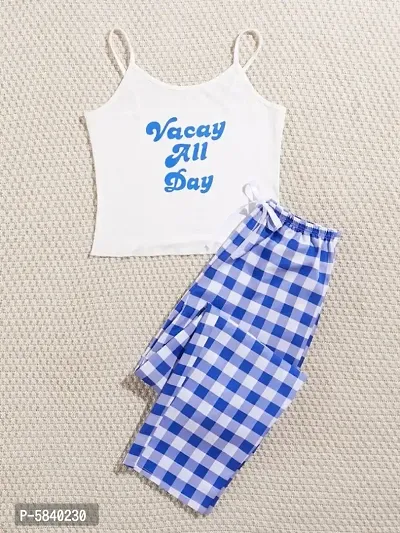 Women White Print Tee And White and Blue Check Box Lower-thumb3