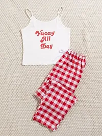 Women White Print Tee And White and Red Check Box Lower-thumb1