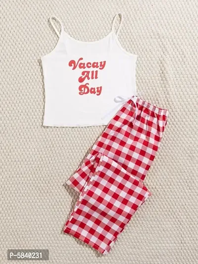 Women White Print Tee And White and Red Check Box Lower-thumb2