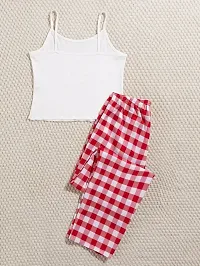 Women White Print Tee And White and Red Check Box Lower-thumb2