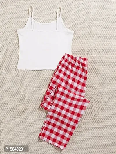 Women White Print Tee And White and Red Check Box Lower-thumb3