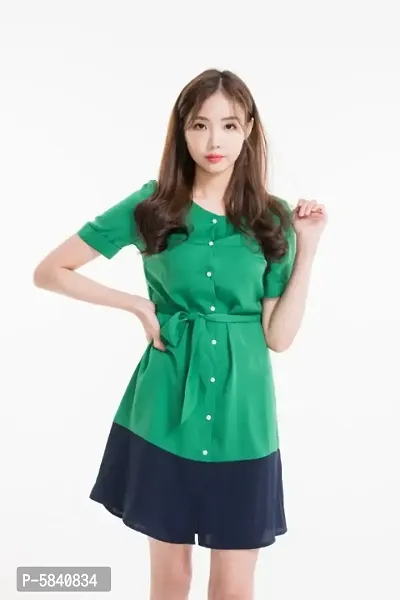 Women Green And Blue Buttoned Crepe Midi Dress-thumb0