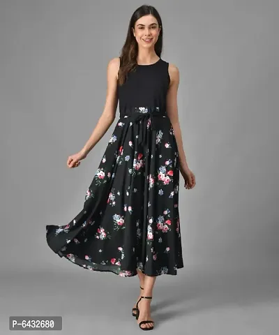 Women Summer Sundress Fit and Flare Black Colour Graphic Print Long Maxi Sleeveless  Dress