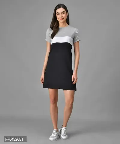 Black White Grey Colourblocked T-Shirt Dress For Women