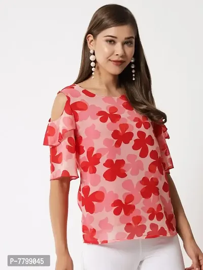 Vivient women pink floral printed  cold shoulder top-thumb3