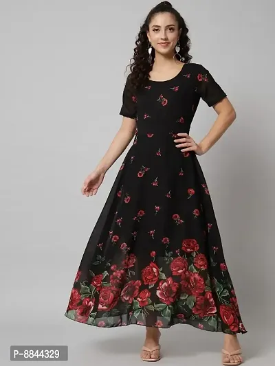 Women Red Floral Printed Georgette Black Long Dress-thumb0