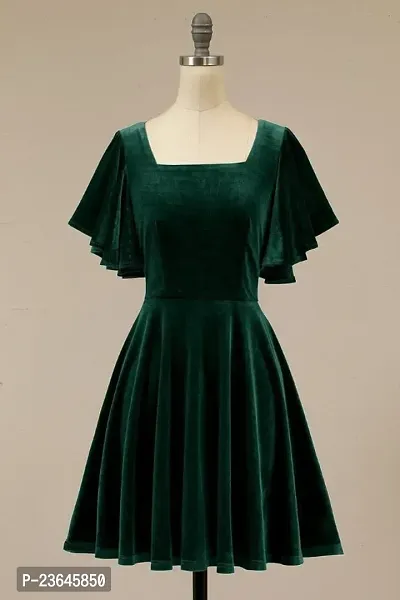 Vivient Women Green Square Neck Velvet Short Dress-thumb0