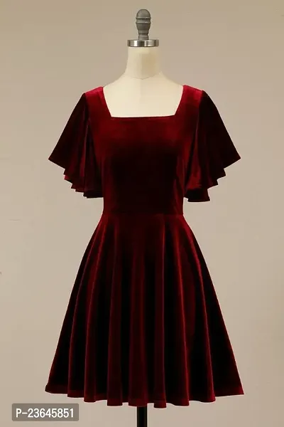 Stylish Velvet Maroon Solid Dress For Women