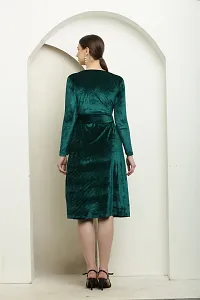 Vivient Women Green Belt Calf Length Velvet Dress-thumb2