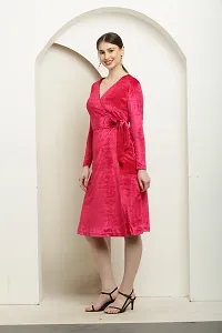 Vivient Women Pink V-Neck Belt Calf Length Velvet Dress-thumb1