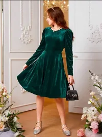 Trendy Green Velvet Round Neck Knee Length Dress for Women-thumb2