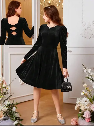 Solid Full Sleeves Knee Length Velvet Dresses