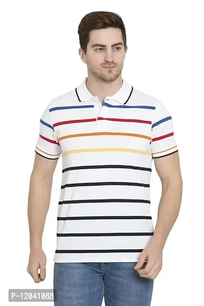 QUEMICTION Polycotton Stripes Polo Neck Regular Fit Half Sleeve Sportswear T-Shirt for Men-White-(Size 2XL)