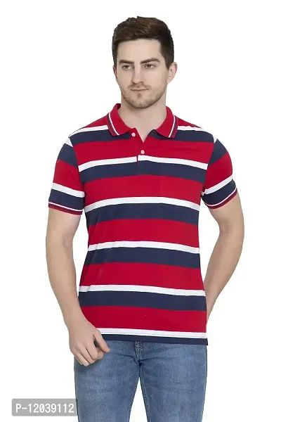 QUEMICTION Men's Polycotton Stripes Polo Neck Regular Fit Half Sleeve Gymwear T-Shirt-Red/Navy Blue-(Size XL)