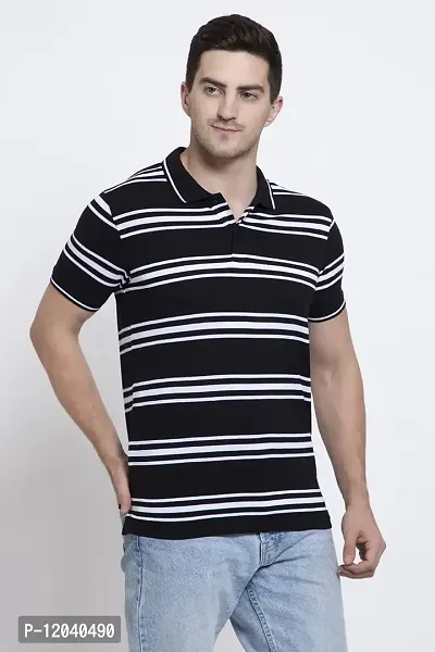 QUEMICTION Regular Fit Stripe Polo Neck T-Shirt for Men Black (Size L)-thumb4