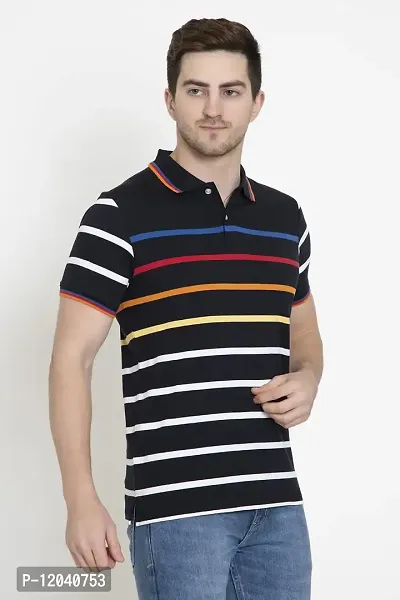 QUEMICTION Polycotton Stripes Polo Neck Regular Fit Half Sleeve Sportswear T-Shirt for Men-Black-(Size L)-thumb4