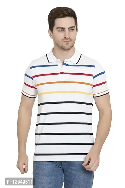 QUEMICTION Men's Polycotton Stripes Polo Neck Regular Fit Half Sleeve Gymwear T-Shirt-White-(Size XL)