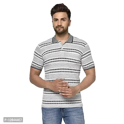 QUEMICTION Striped Polo T-Shirt for Men -Grey (Size-L)-thumb0