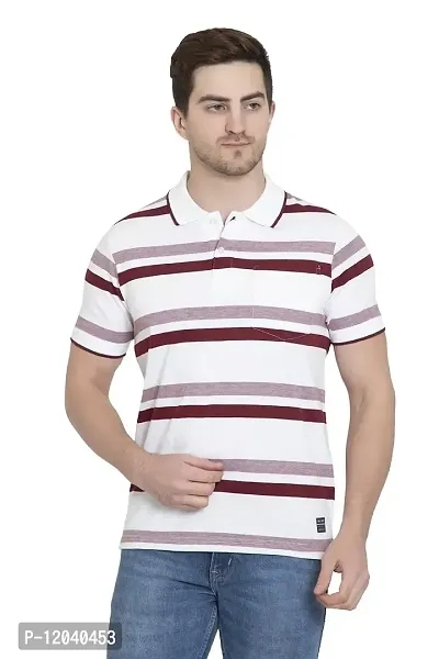 QUEMICTION Men's Polycotton Stripes Polo Neck Regular Fit Half Sleeve Gymwear T-Shirt-Maroon/White-(Size 2XL)