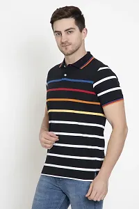 QUEMICTION Polycotton Stripes Polo Neck Regular Fit Half Sleeve Sportswear T-Shirt for Men-Black-(Size L)-thumb2