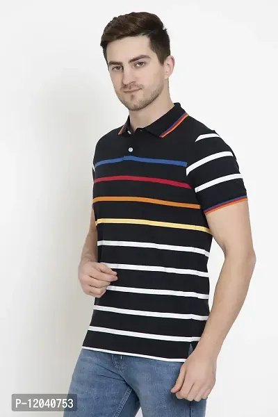 QUEMICTION Polycotton Stripes Polo Neck Regular Fit Half Sleeve Sportswear T-Shirt for Men-Black-(Size L)-thumb3