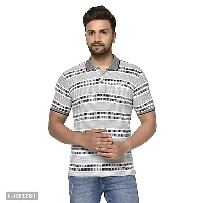 QUEMICTION Striped Polo T-Shirt for Men -Grey (Size-M)