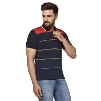 QUEMICTION Poly Cotton Striped Half Sleeve Polo Neck Regular Fit T-Shirt for Men Navy (Size-XL)-thumb3