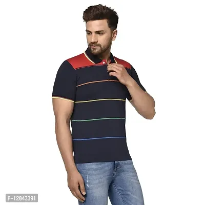 QUEMICTION Poly Cotton Striped Half Sleeve Polo Neck Regular Fit T-Shirt for Men Navy (Size-XL)-thumb4