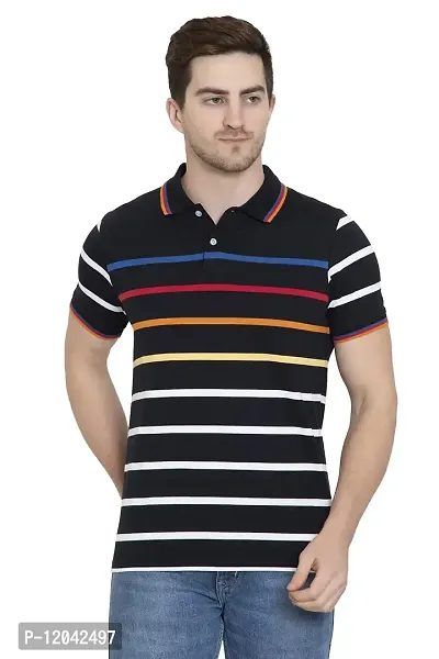 QUEMICTION Men's Polycotton Stripes Polo Neck Regular Fit Half Sleeve Gymwear T-Shirt-Black-(Size XL)