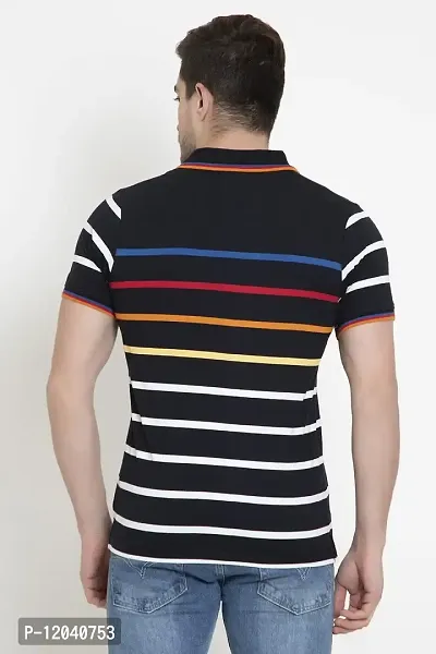QUEMICTION Polycotton Stripes Polo Neck Regular Fit Half Sleeve Sportswear T-Shirt for Men-Black-(Size L)-thumb2