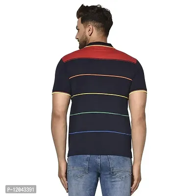 QUEMICTION Poly Cotton Striped Half Sleeve Polo Neck Regular Fit T-Shirt for Men Navy (Size-XL)-thumb2