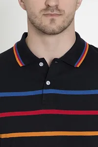 QUEMICTION Polycotton Stripes Polo Neck Regular Fit Half Sleeve Sportswear T-Shirt for Men-Black-(Size L)-thumb4