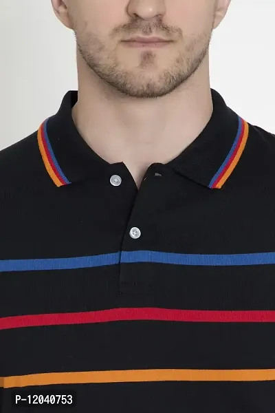 QUEMICTION Polycotton Stripes Polo Neck Regular Fit Half Sleeve Sportswear T-Shirt for Men-Black-(Size L)-thumb5
