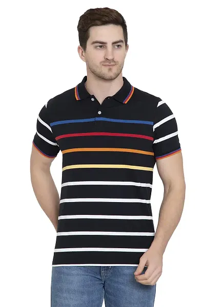 QUEMICTION Eco -Friendly Polycotton Stripes Polo Neck Regular Fit Skin-Friendly Half Sleeve T-Shirt with Collar for Men Color (Multicolor) (Pack of One)