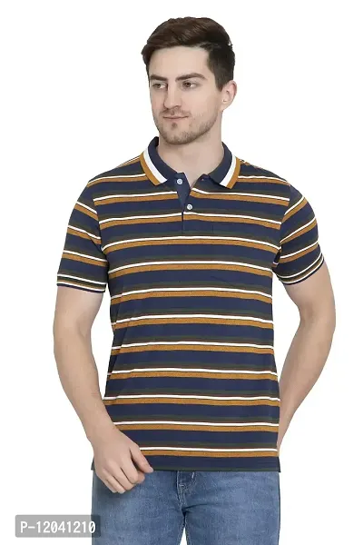 QUEMICTION Polycotton Stripes Polo Neck Regular Fit Half Sleeve Sportswear T-Shirt for Men-Navy Blue-(Size XL)