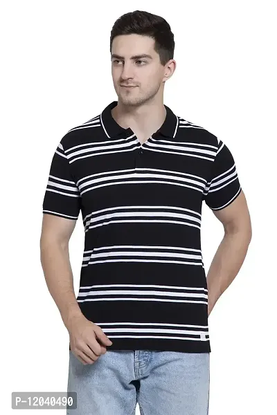 QUEMICTION Regular Fit Stripe Polo Neck T-Shirt for Men Black (Size L)