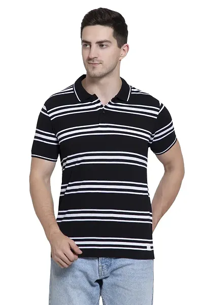 QUEMICTION Regular Fit Stripe Polo Neck T-Shirt for Men (Size L)