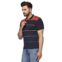 QUEMICTION Poly Cotton Striped Half Sleeve Polo Neck Regular Fit T-Shirt for Men Navy (Size-XL)-thumb2