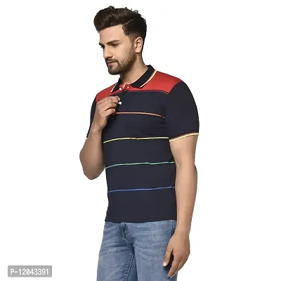 QUEMICTION Poly Cotton Striped Half Sleeve Polo Neck Regular Fit T-Shirt for Men Navy (Size-XL)-thumb3