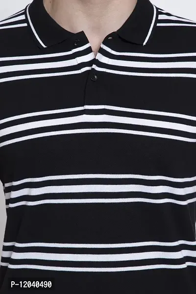 QUEMICTION Regular Fit Stripe Polo Neck T-Shirt for Men Black (Size L)-thumb5