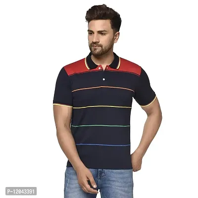 QUEMICTION Poly Cotton Striped Half Sleeve Polo Neck Regular Fit T-Shirt for Men Navy (Size-XL)