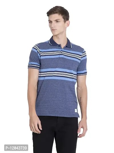 QUEMICTION Striped Half Sleeve Polo Neck Regular Fit T-Shirt for Men Sky Blue (Size-XXL)