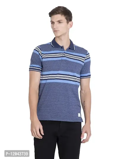 QUEMICTION Striped Half Sleeve Polo Neck Regular Fit T-Shirt for Men Sky Blue (Size-XXL)-thumb0